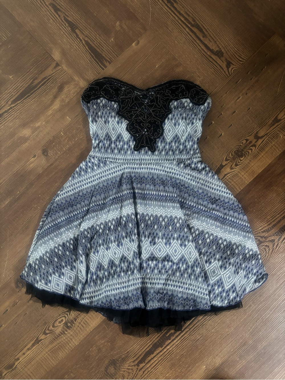Strapless Free People Blue Patterned Fit & Flare Dress with Black Lace Bodice